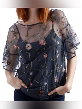 Lucky Brand Sheer Embroidered Blouse
